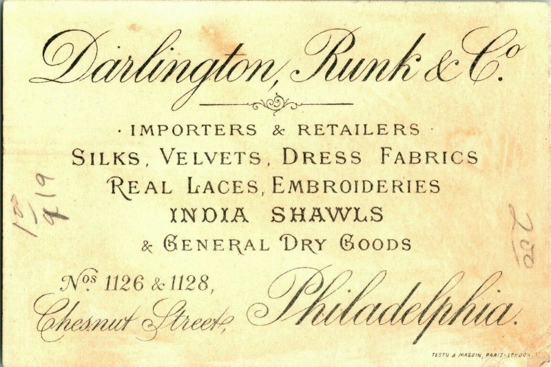 Victorian Trade Card Lot of 2 Darlington Runk & Co Dressmakers Philadelphia M10