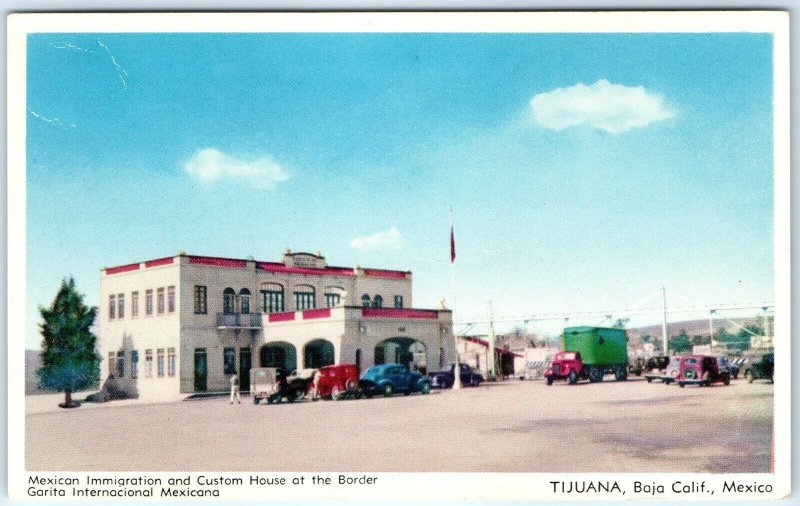 c1950s Tijuana, Baja California, Mexico Border Customs House Postcard Cars A40 