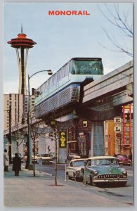 Seattle Washington~Monorail~Space Needle Behind~Classic Cars~1962 Postcard 