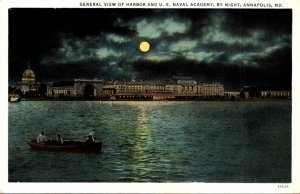 Maryland Annapolis General View Of Harbor and U S Naval Academy By Night 1937...