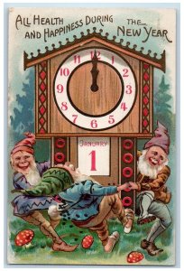 New Year Elves Gnomes Playing Calendar Clock Mushroom Indianapolis IN Postcard