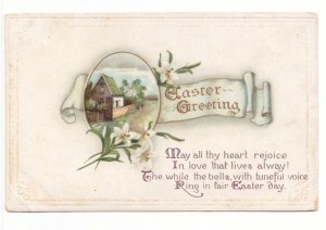 Easter Greeting - White Lilies - Rural Scene - Vintage Embossed Postcard