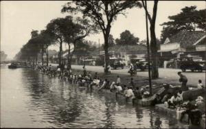 Batavia Java Street Along River - Old Cars & Natives Real Photo Postcard