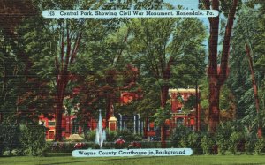 Vintage Postcard Central Park Showing Civil War Monument Honesdale Pennsylvania