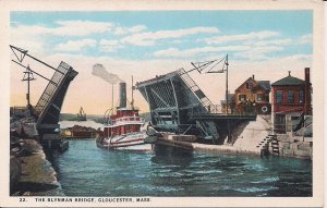 Gloucester MA, Blynman Bridge, Tug Boat, Ship, Drawbridge 1915-30 Teich Art