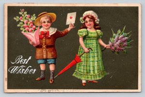 Children Dressed Up Holding Flowers Best Wishes Embossed Vintage Postcard 1186