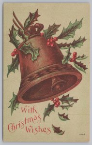 Christmas Wishes~Large Engraved Dark Bronze Bell~Holly Berry~Vintage Postcard