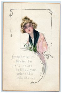 c1910's New Year Pretty Woman Curly Hair Dowell Artist Signed Antique Postcard