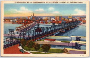 VINTAGE POSTCARD THE BRIDGE AND ROLLER DAM BETWEEN DAVENPORT IOWA ROCK ISLAND IL