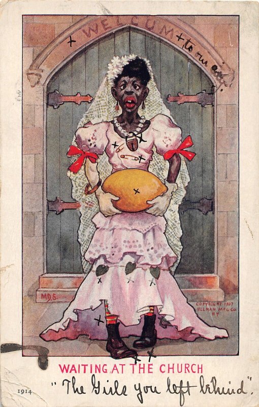 G4/ Black Americana Postcard Comic c1910 Bride Lemon Waiting at Church 15