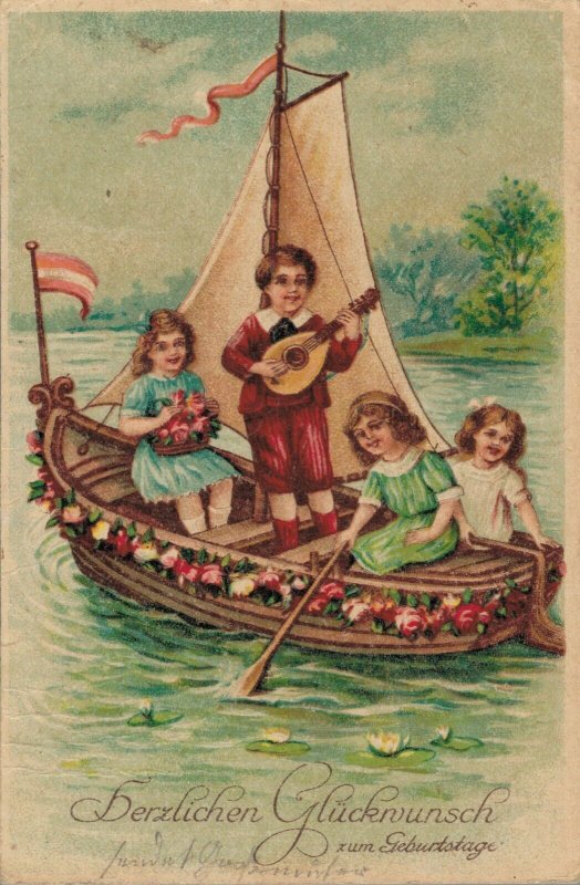 Happy New Year Kids In A Boat With A Guitar Vintage Postcard 08.08