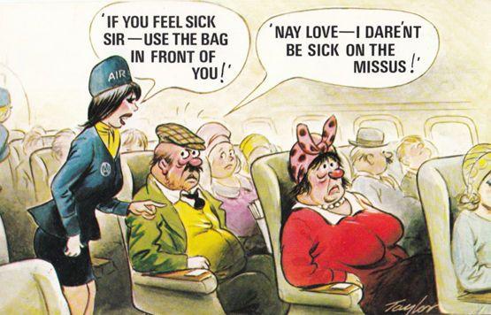 Air Hostess Helping Flight Sickness Nausea on Plane 1970s Comic Humour Postcard