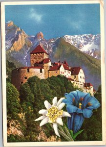 Postcard Liechtenstein Castle Vaduz with flowers