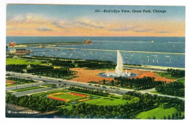 Bird's Eye View, Grant Park, Chicago, unused Linen Curteich Postcard