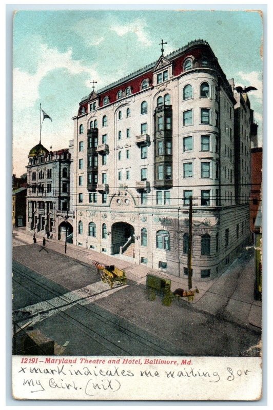 1908 Maryland Theatre And Hotel Exterior Roadside Baltimore Maryland MD Postcard