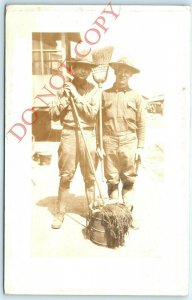 c1920s Soldiers Cleaning RPPC Mop Broom Real Photo Postcard Army Fort Guard A27