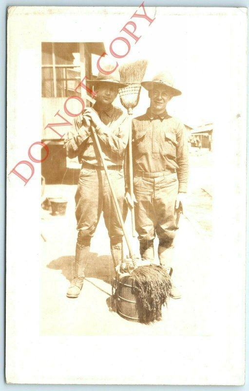 c1920s Soldiers Cleaning RPPC Mop Broom Real Photo Postcard Army Fort Guard A27