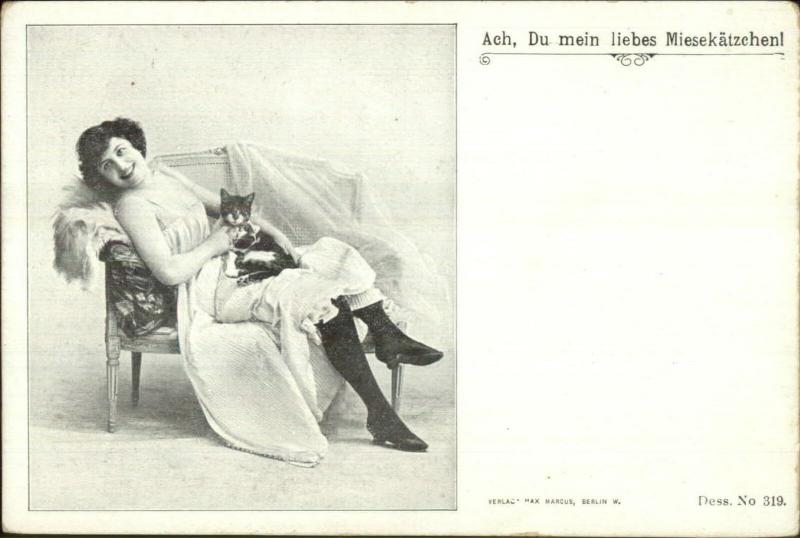 Sexy German Woman Negligee Holding Kitty Cat Miesekatzhen Postcard