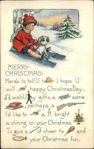 Whitney Christmas Rebus Puzzle Little Boy and Dog Sledding Vintage Postcard