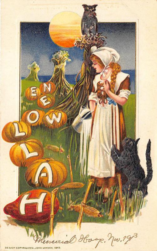 Halloween Young Woman Black Cat Pumpkin Parade Owl Embossed Postcard