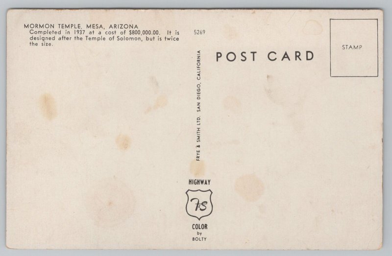 Mesa Arizona~Mormon Temple Completed In 1937~Vintage Postcard