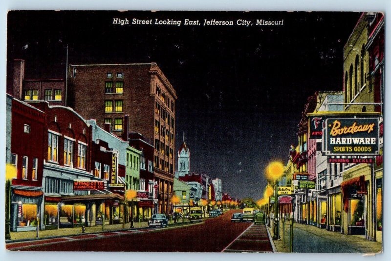 Jefferson City Missouri Postcard High Street Looking East Night Exterior c1940