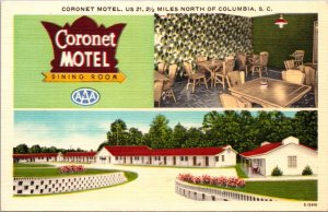 Linen Postcard Coronet Motel in Columbia, South Carolina