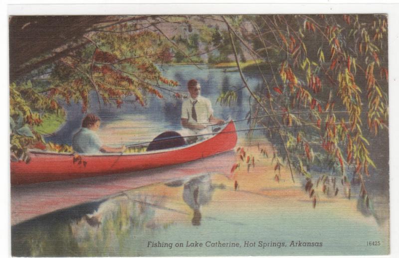 Fishing Canoe Lake Catherine Hot Springs Arkansas linen postcard