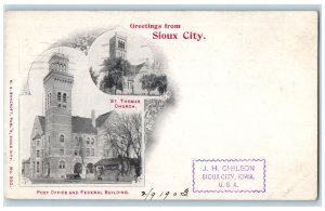 1903 Greetings From Sioux City St. Thomas Church Post Office Iowa IA Postcard