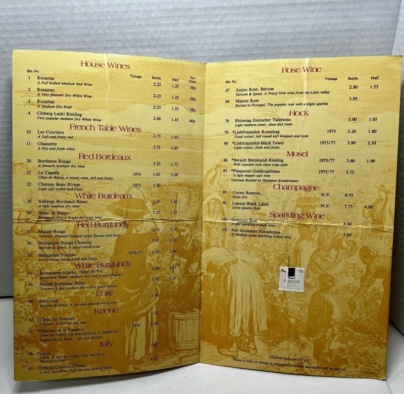 Vintage 1978 Anchor Hotels Wine List Menu