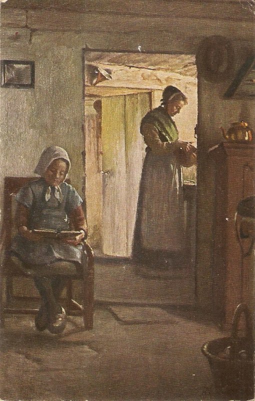 G.Vermehren. Mother and daughter. Schularbeit Fine painting, vintage German PC