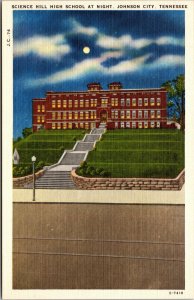 Vtg 1940s Science Hill High School at Night Johnson City Tennessee TN Postcard