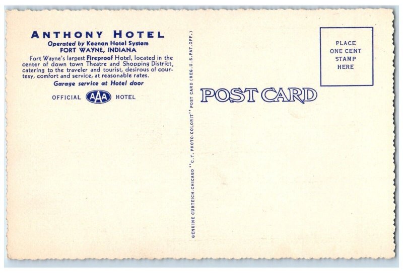 c1930's Anthony Hotel Modern Guest Room View Fort Wayne Indiana IN Postcard