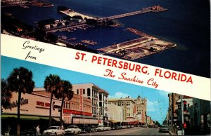 Vtg St Petersburg Florida Dual View Banner Greetings Street View 1960s Postcard