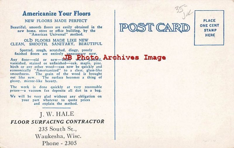 Advertising Postcard, J.W. Hale Floor Resurfacing Contractor, Waukesha WI