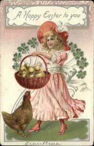 Easter Children Chick Hen Basket Clover Embossed Vintage Postcard