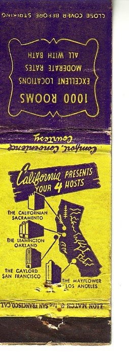 Matchbook Cover ! 4 Hosts Hotels, California !