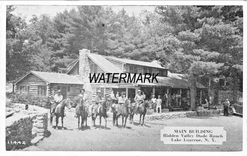 LAKE LUZERNE NEW YORK~DUDE RANCH~LOT OF 4 POSTCARDS-BUILDING-HORSES-STAGECOACH