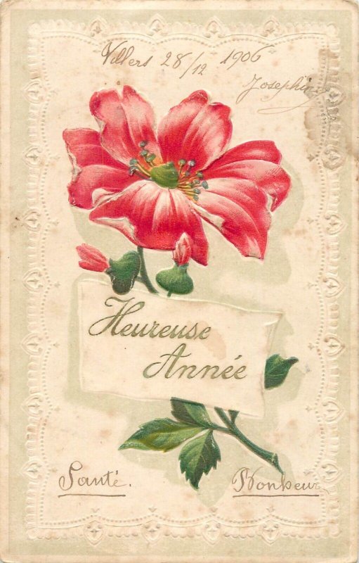 Holidays & celebrations embossed seasonal greetings New Year flower 1906 France