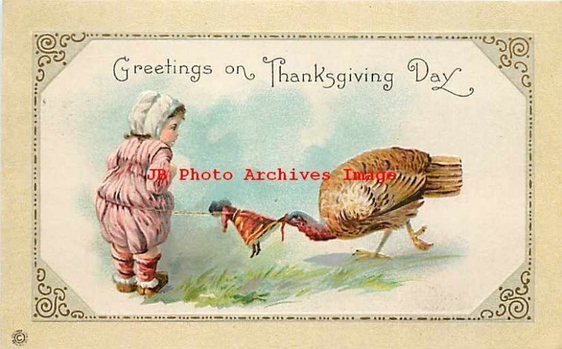 Thanksgiving, Stecher No 455 F, Turkey and Girl Playing Tug a War with Doll