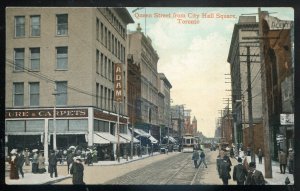 h1379 - TORONTO Postcard 1909 Queen Street Stores Trams