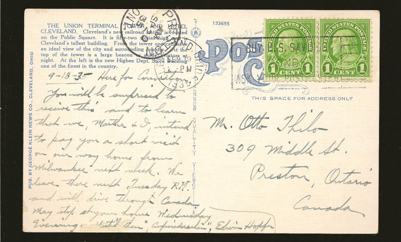 USA Postmark 1935 Cleveland Ohio Union Terminal Tower Cleveland Linen Postcard