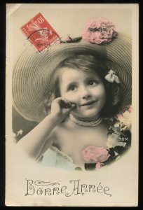 Bonne Annee. Happy New Year. Vintage French RPPC. Little girl in straw hat. BBM