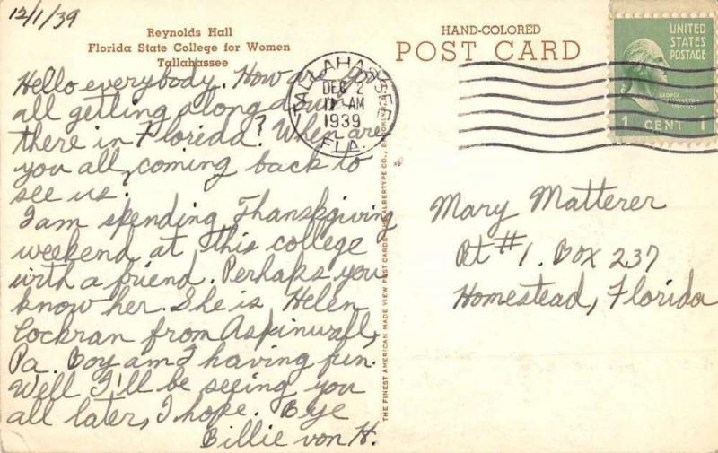 Tallahassee Florida State College For Women Reynolds Hall Postcard K105670