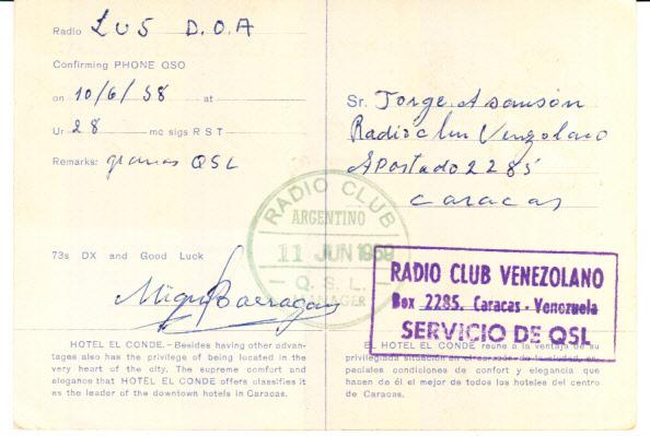 Venezuela Card El Conde Hotel 1959
