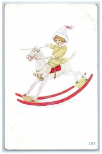 1917 Little Boy Playing Rocking Horse Birthday Invitation Antique Postcard