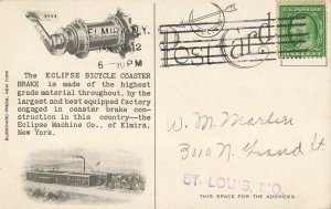 ELMIRA~ECLIPSE MORROW BICYCLE BRAKE-HICKETY DICKETY BIKE GRAPHIC~1912 POSTCARD