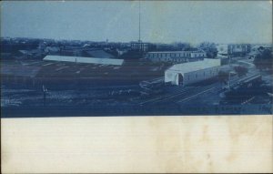 Larned KS RR Train Industrial Bldgs Cyanotype c1905 Real Photo Postcard