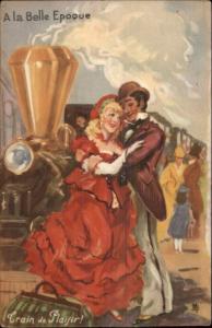 Romance Man w/ Dancer Girl RR Train to Pleasure Plaisir Art Deco Postcard