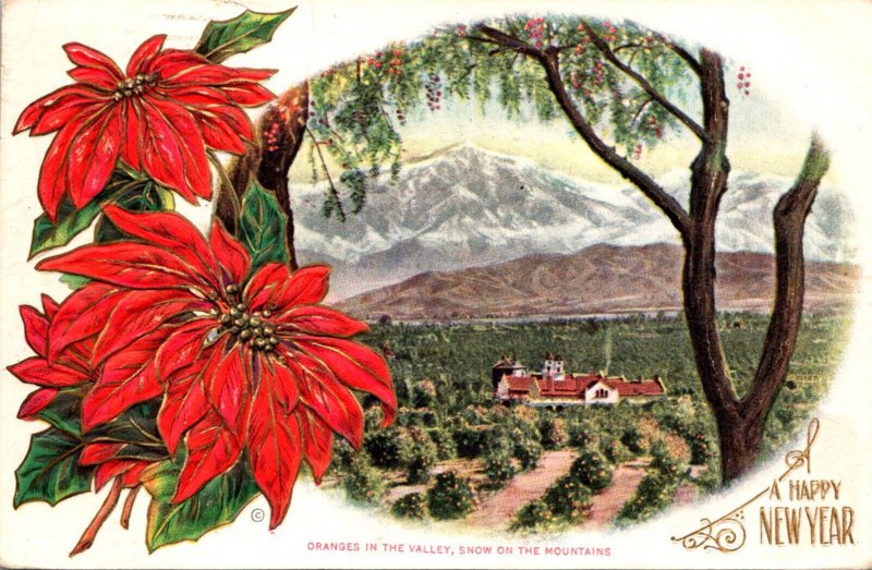 California Christmas Greetings & Happy New Year Showing Oranges In Valley & S...